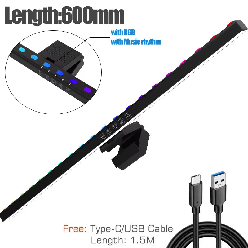 60Cm RGB Led Computer Monitor Light Bar Music Rhythm Screen Hanging Light Dimming Atmosphere Night Lamp for Game/Study/Work