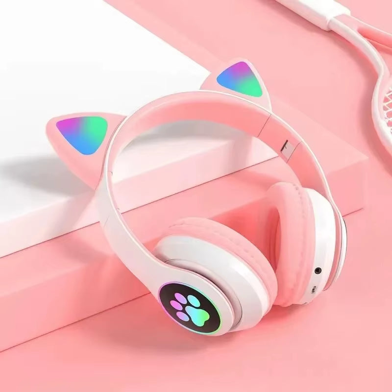 Flash Light Cute Cat Wireless Headphones with Mic Stereo Phone Music Headset Gamer Bluetooth Headphone Kids Girls Birthday Gift