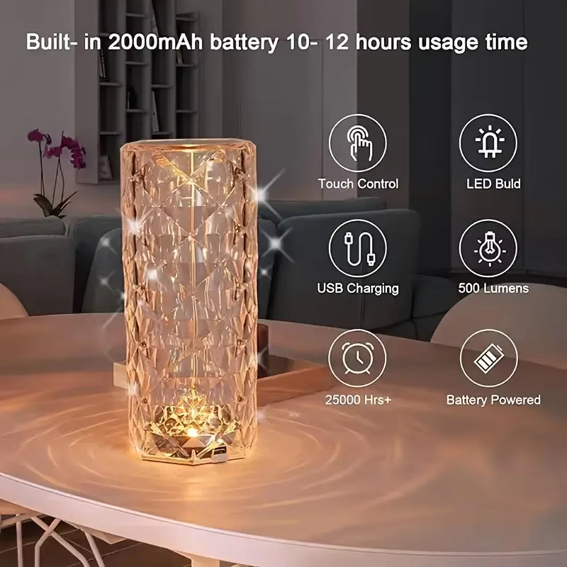 1PC Crystal Rose Table Lamp, Remote Control & Touch Bedside Lamp, LED Night Light, Dimmable Bedside Lamp, USB Rechargeable, For