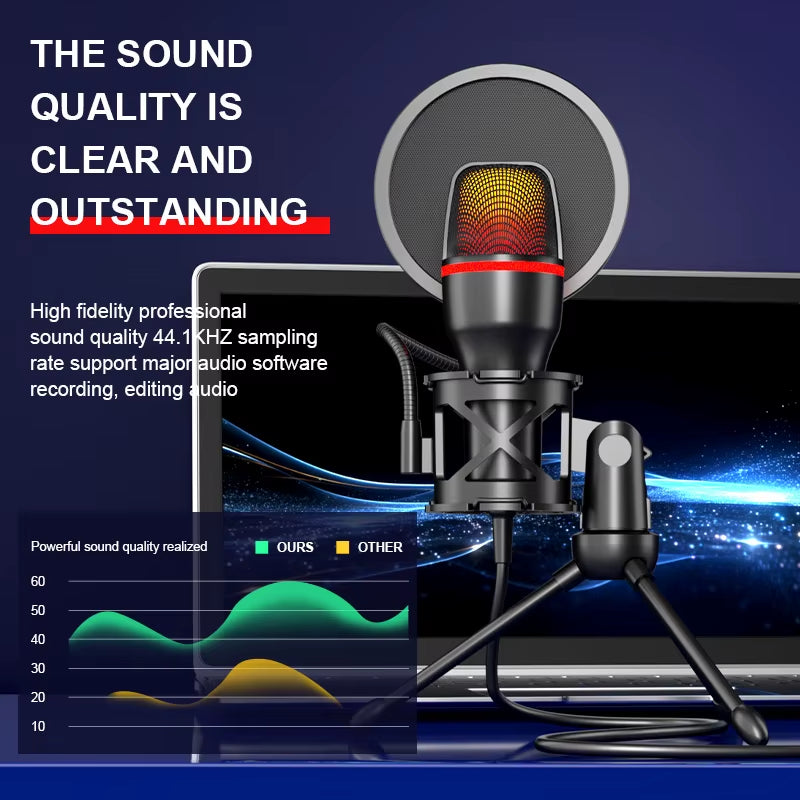 Computer Condenser Microphone Professional for PC Laptop USB Wired Streaming Sound Live Podcast RGB Record Gaming Accessories