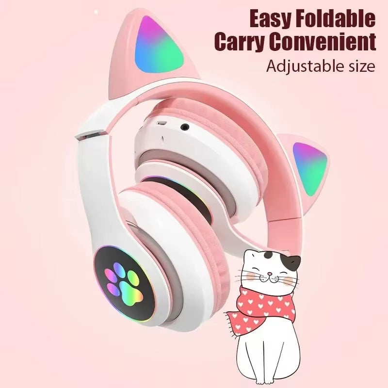 Flash Light Cute Cat Wireless Headphones with Mic Stereo Phone Music Headset Gamer Bluetooth Headphone Kids Girls Birthday Gift