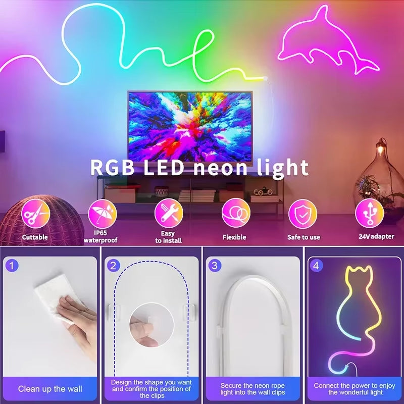 Smart Rgb Neon Led Strip Waterproof 24V Flex Neon Rope Light Plug 5 10M 15M 20M 30M Music Sync App Control Party Room Decor Tape