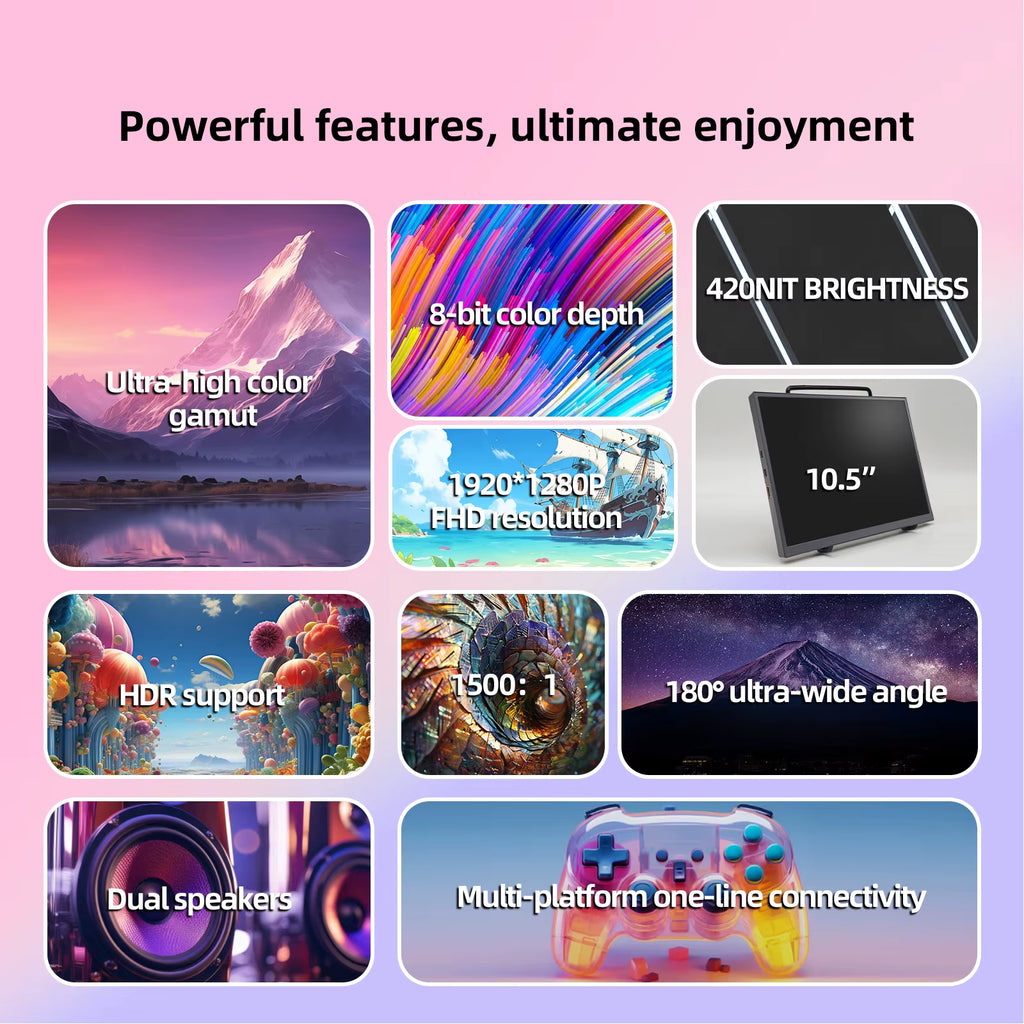 10.5-Inch Portable Monitor 1280P 100%Srgb 15:10 Low Blue Light for Xbox PS4 / 5 Switch Cell Phone PC Loptop Extension