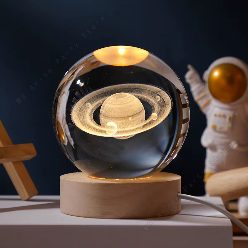 Unique 3D Crystal Ball Night Light Led Lamp Bedside Table Glowing Galaxy Lamp Saturn Planets Moon Children Birthday Gift Toy 5Cm