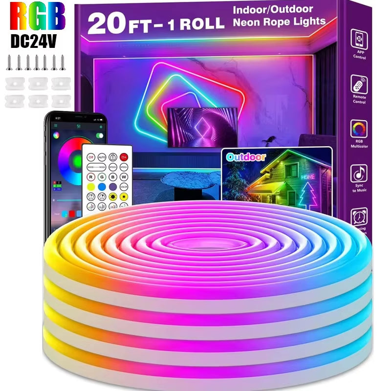 Smart Rgb Neon Led Strip Waterproof 24V Flex Neon Rope Light Plug 5 10M 15M 20M 30M Music Sync App Control Party Room Decor Tape