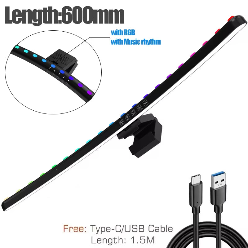 60Cm RGB Led Computer Monitor Light Bar Music Rhythm Screen Hanging Light Dimming Atmosphere Night Lamp for Game/Study/Work