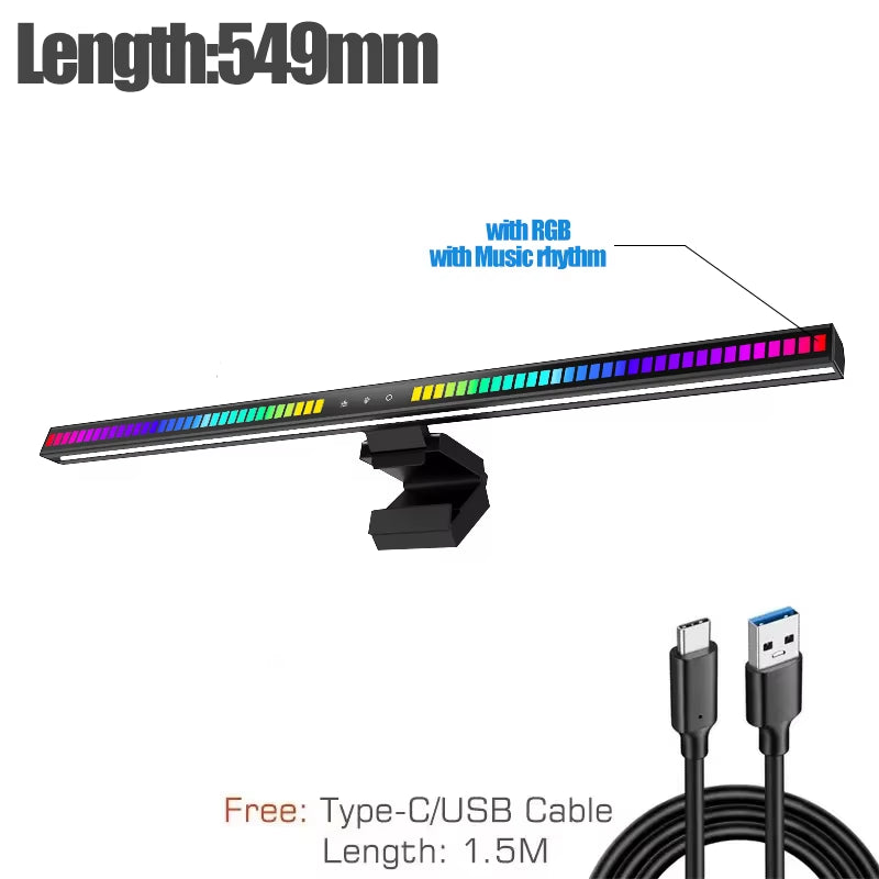 60Cm RGB Led Computer Monitor Light Bar Music Rhythm Screen Hanging Light Dimming Atmosphere Night Lamp for Game/Study/Work