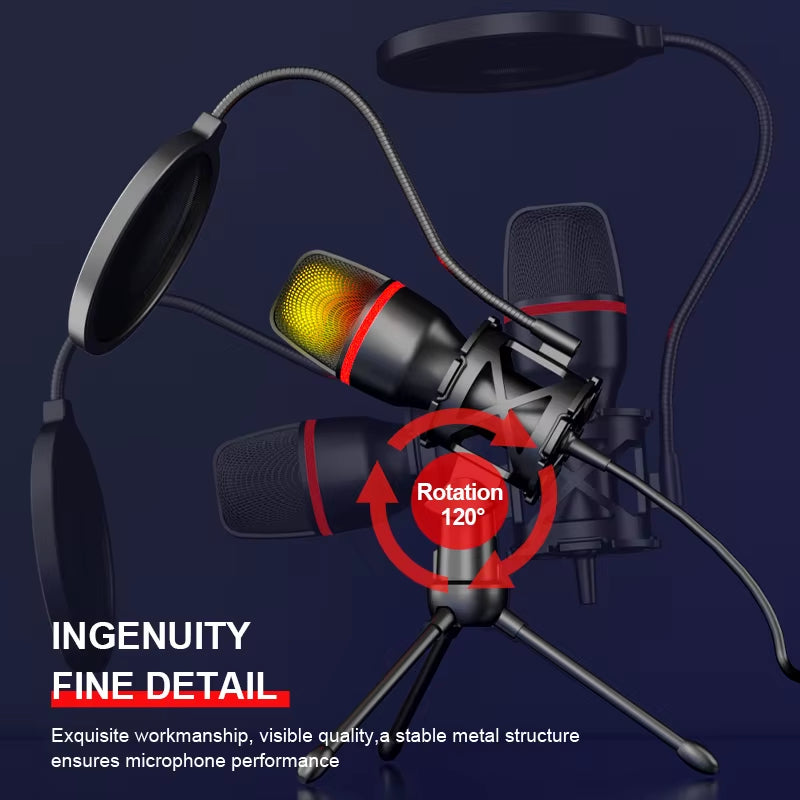 Computer Condenser Microphone Professional for PC Laptop USB Wired Streaming Sound Live Podcast RGB Record Gaming Accessories